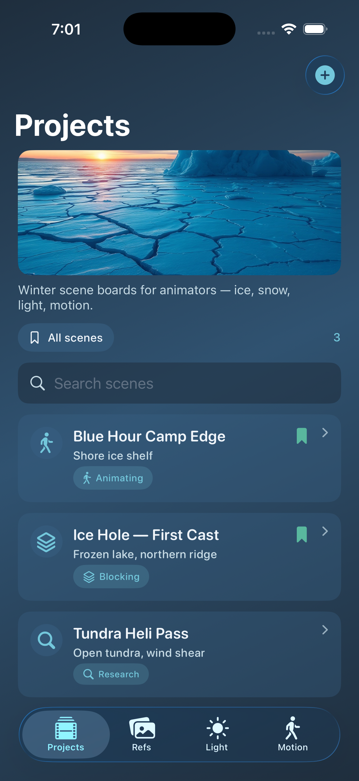 Projects list with winter scenes